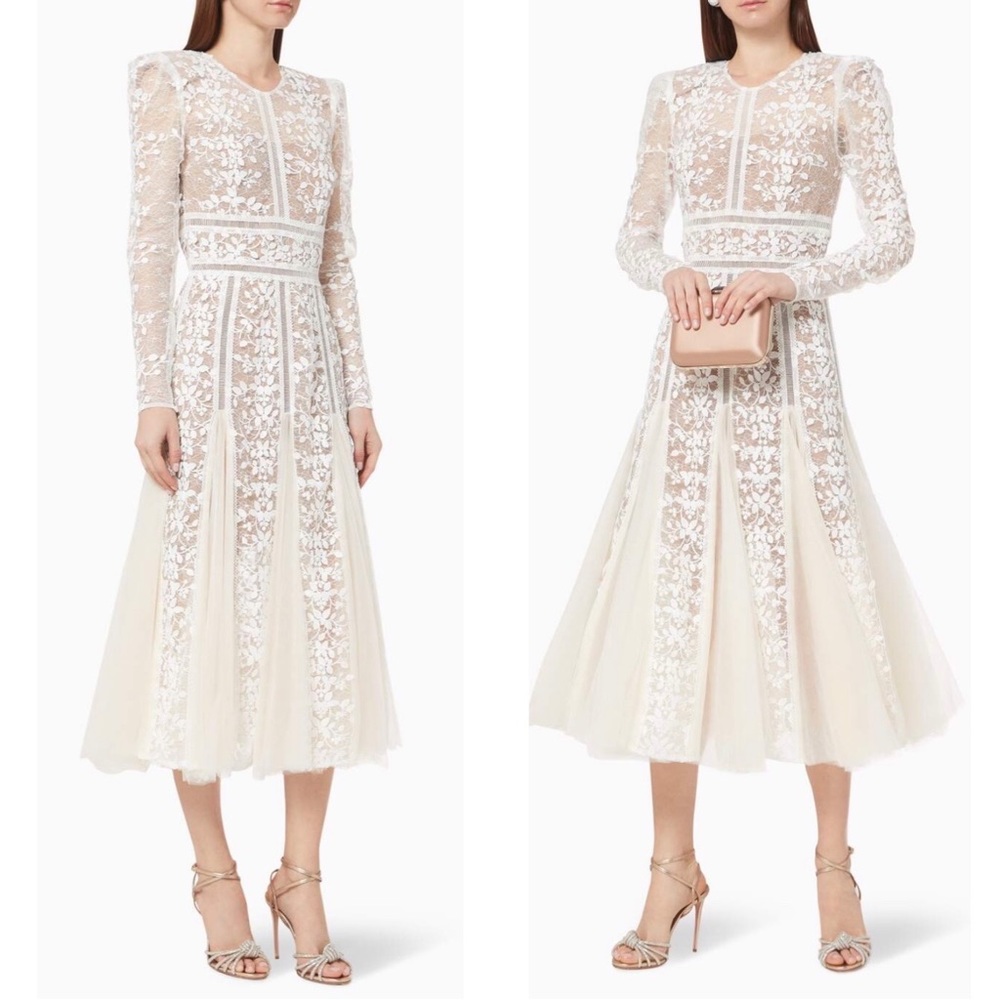 NWT Bronx and Banco Ivory White Megan Tulle and Lace Bridal Midi Dress Size 6/M